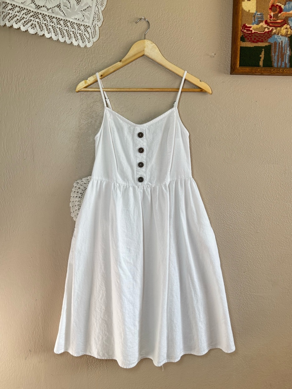 Stella Tweed White Linen Blend Spaghetti-Strap Midi Dress | Size Medium